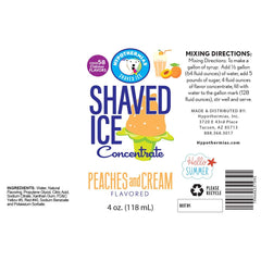 Hypothermias peaches and cream shaved ice snow cone syrup flavor concentrate ingredient label.