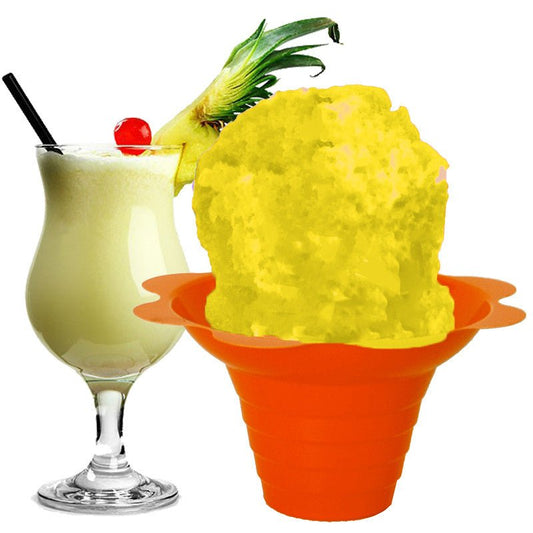 Hypothermias pina colada shaved ice in small orange flower cup.