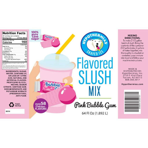 Hypothermias pink bubble gum frozen slush base ingredient label.