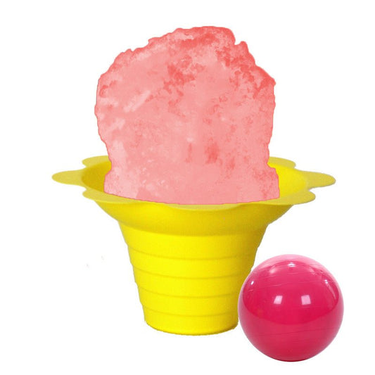 Hypothermias pink bubble gum shaved ice in small yellow flower cup.