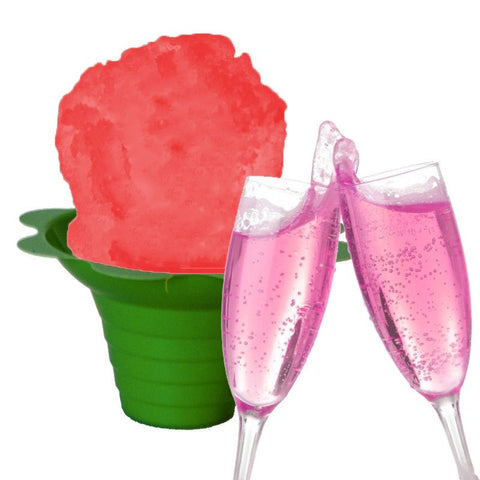 Hypothermias pink champagne shaved ice in small green flower cup.