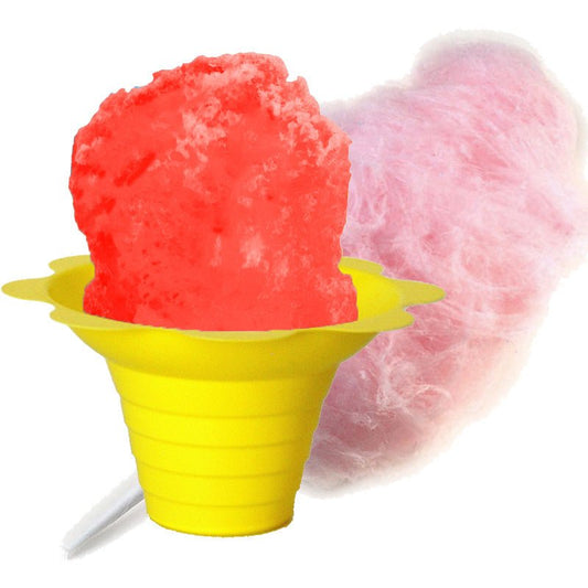 Hypothermias pink cotton candy shaved ice in yellow flower cup.
