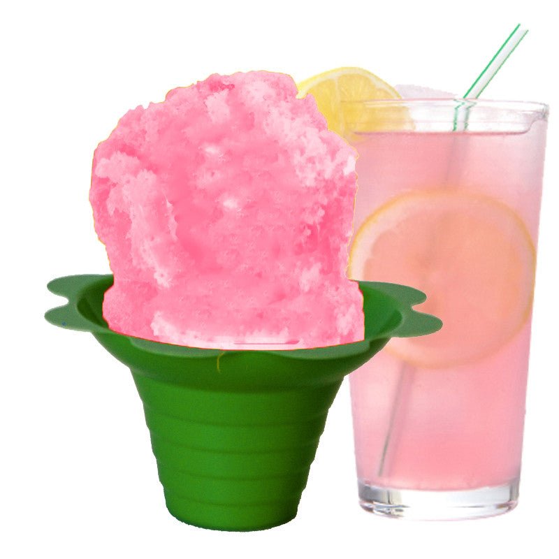 Hypothermias pink lemon sour shaved ice in small green flower cup.