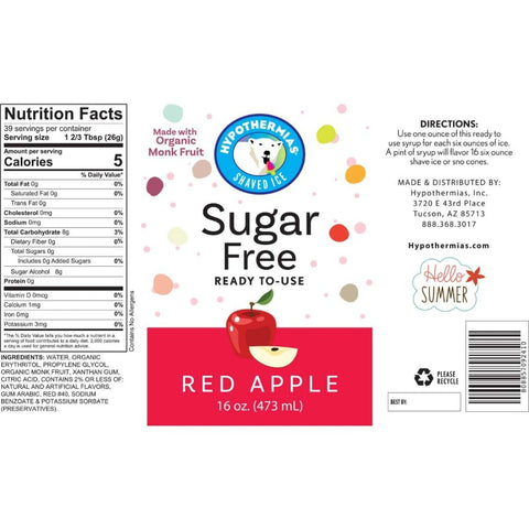 Hypothermias red apple sugar free shaved ice syrup nutritional facts label.