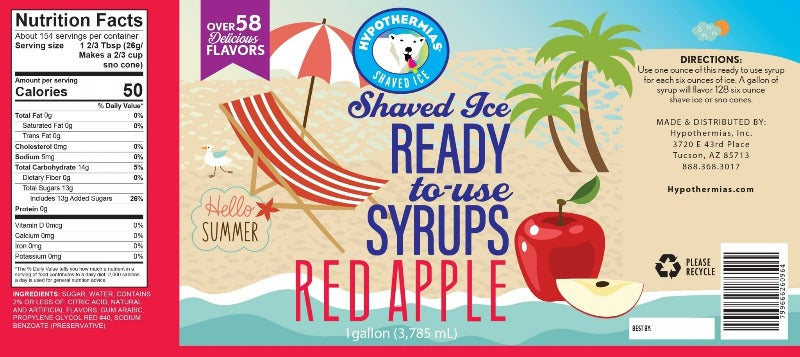 Hypothermias red apple pure cane sugar snow cone or shaved ice syrup nutritional label.