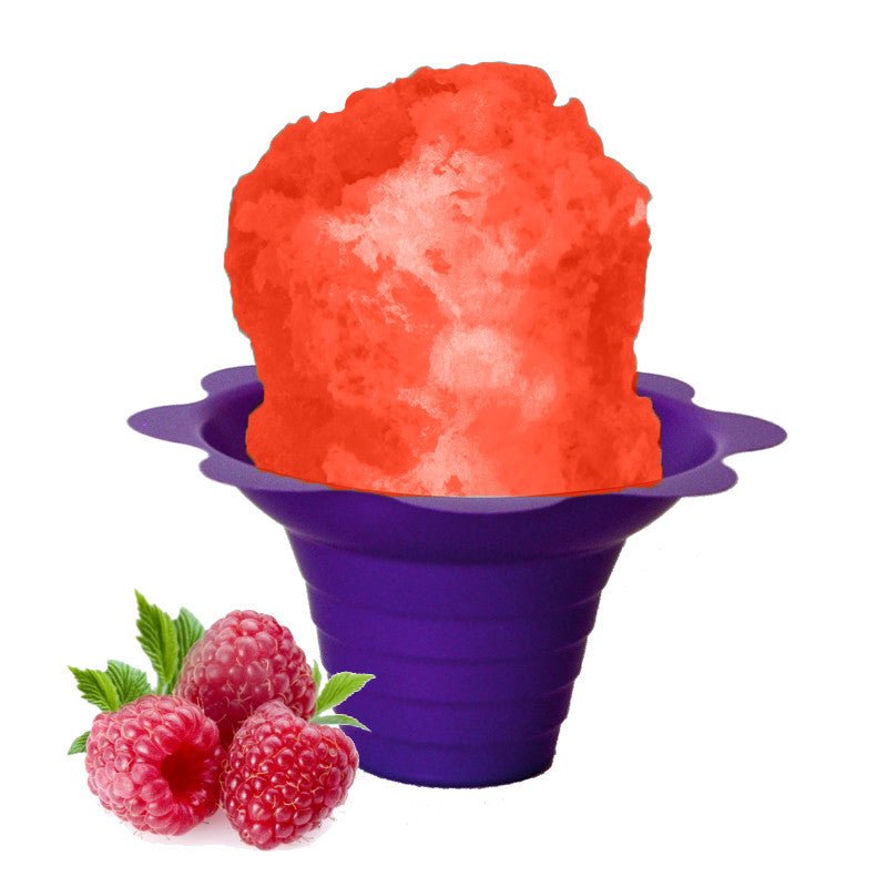 Hypothermias red raspberry shaved ice in small purple flower cup.