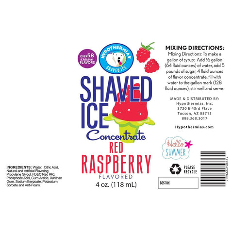 Hypothermias red raspberry shaved ice or snow cone flavor syrup concentrate ingredient label.