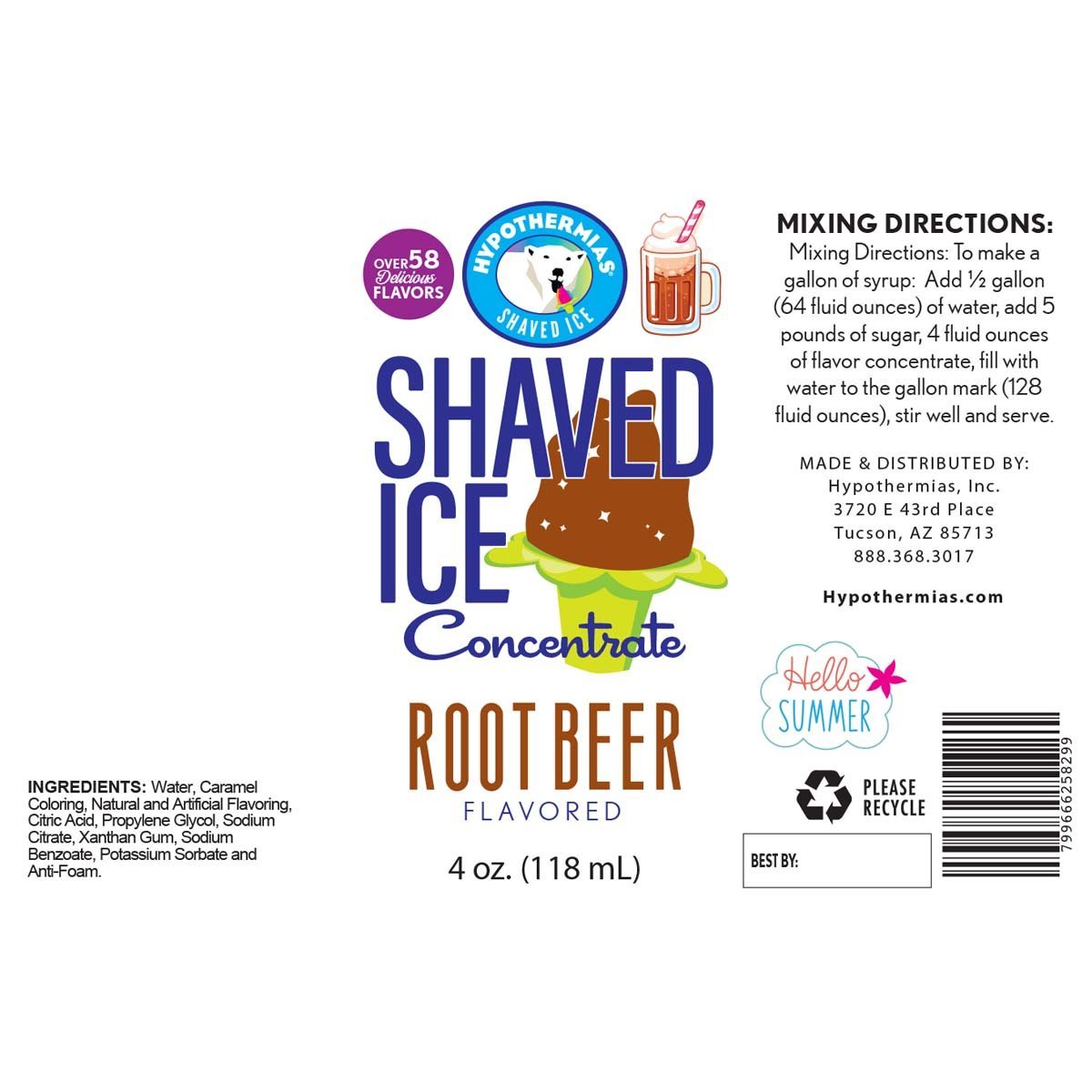 Hypothermias root beer shaved ice or snow cone flavor syrup concentrate ingredient label.