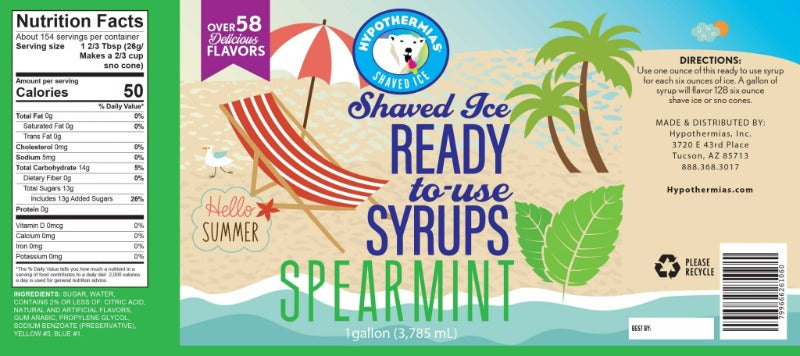 Hypothermias spearmint pure cane sugar snow cone or shaved ice syrup nutritional label.