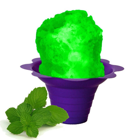 Hypothermias spearmint shaved ice in small purple flower cup.