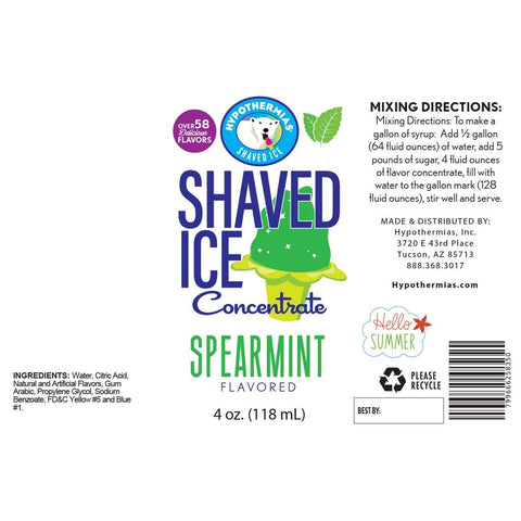 Hypothermias spearmint shaved ice or snow cone flavor syrup concentrate ingredient label.