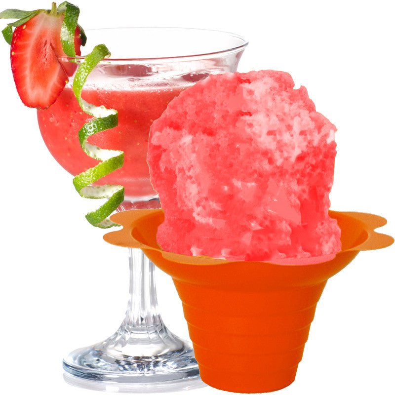 Hypothermias strawberry daiquiri shaved ice in small orange flower cup.