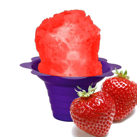 Hypothermias strawberry shaved ice in small purple flower cup.
