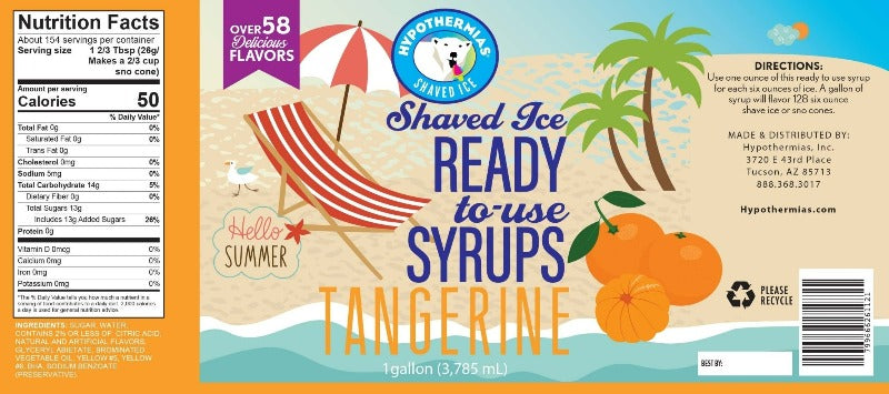 Hypothermias tangerine pure cane sugar snow cone or shaved ice syrup nutritional label.