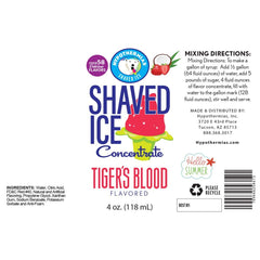 Hypothermias tigers blood shaved ice or snow cone flavor syrup concentrate ingredient label.