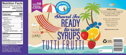 Hypothermias tutti frutti pure cane sugar snow cone or shaved ice syrup nutritional  label.