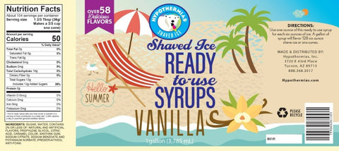 Hypothermias vanilla pure cane sugar snow cone or shaved ice syrup nutritonal label.