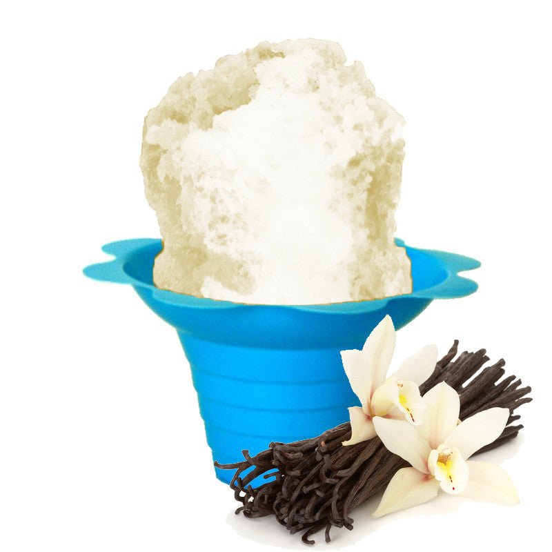 Hypothermias vanilla shaved ice in small blue flower cup.