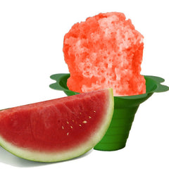 Hypothermias watermelon shaved ice in small green flower cup.