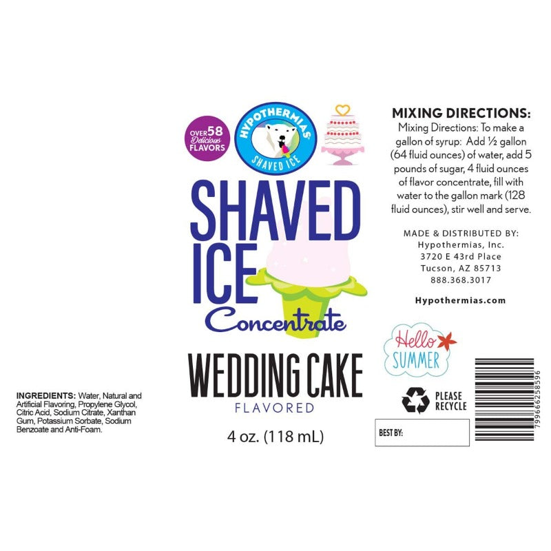Hypothermias wedding cake shaved ice or snow cone flavor syrup concentrate ingredient label.