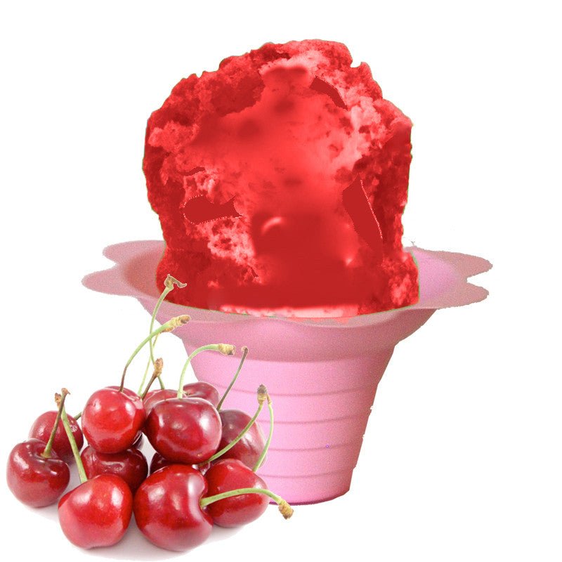 Hypothermias wild cherry shaved ice in small pink flower cup.