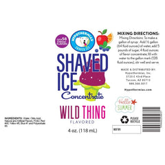 Hypothermias wild thing shaved ice or snow cone flavor syrup concentrate ingredient label.